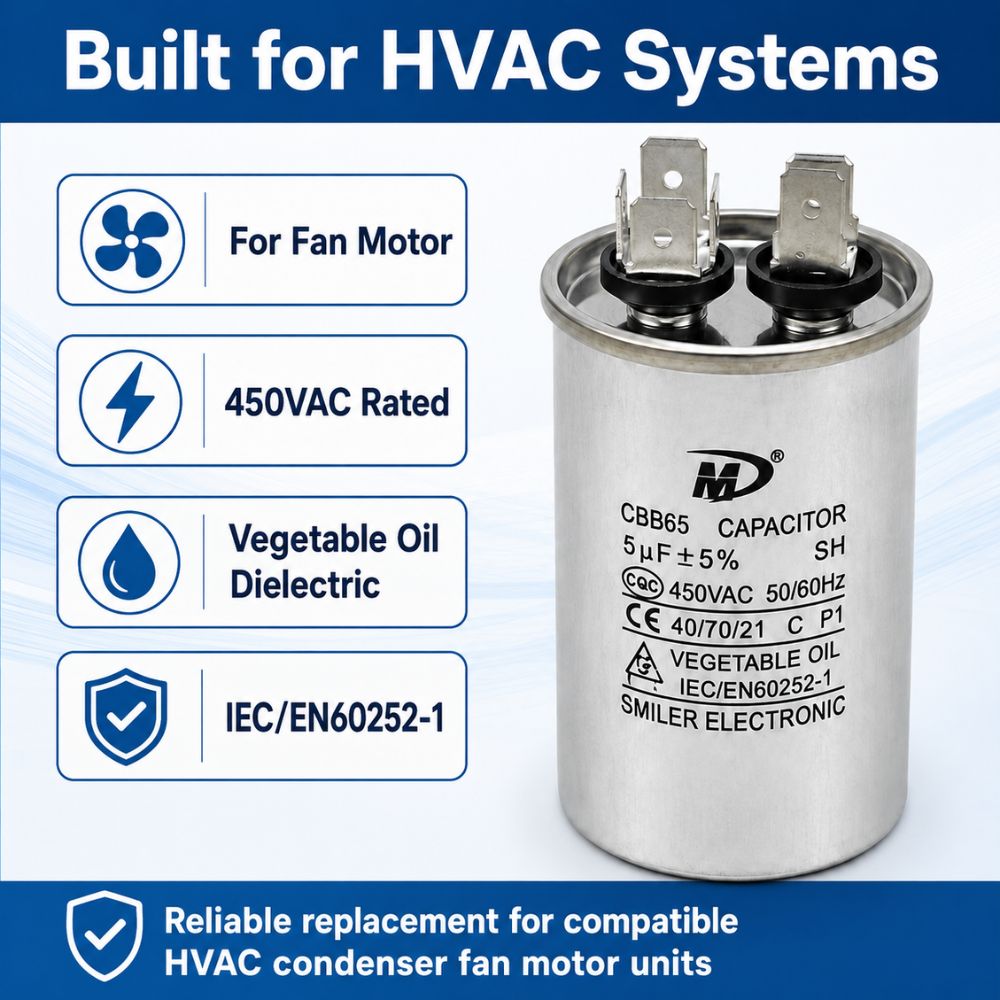 XPC5-450R 5 uF Round Run / Start Capacitor | CBB65 5 uF (MFD) 450 Volts  Parts-O-Matic