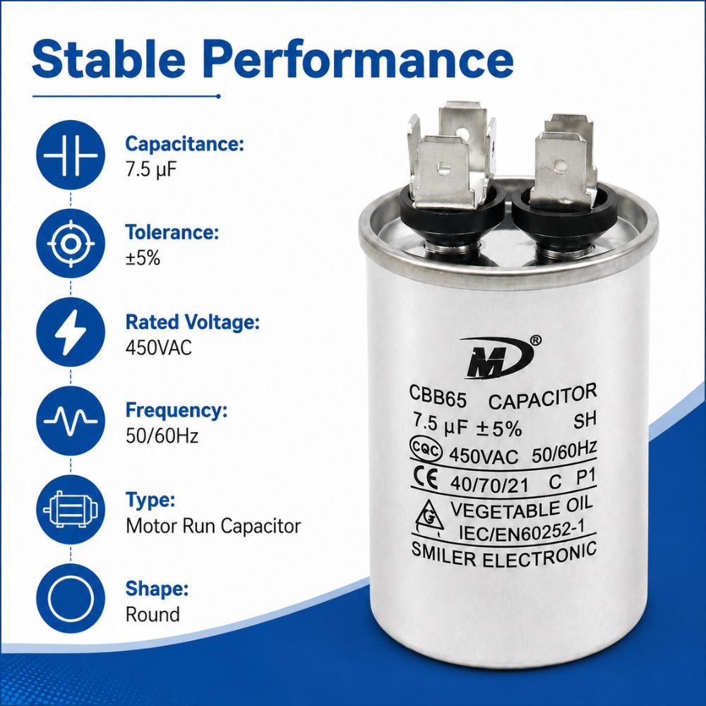 XPC75-450R 7.5 uF Round Run / Start Capacitor | CBB65 7.5 uF (MFD) 450 Volts  Parts-O-Matic