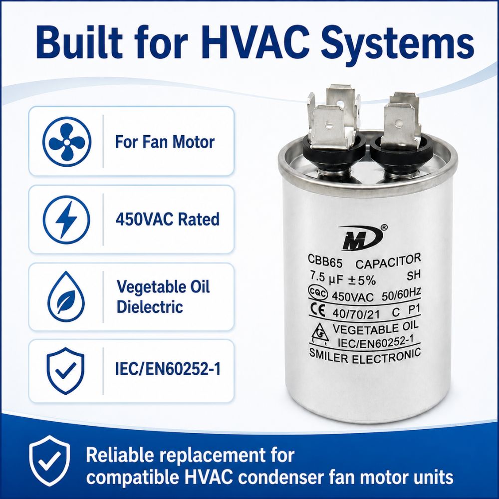 XPC75-450R 7.5 uF Round Run / Start Capacitor | CBB65 7.5 uF (MFD) 450 Volts  Parts-O-Matic