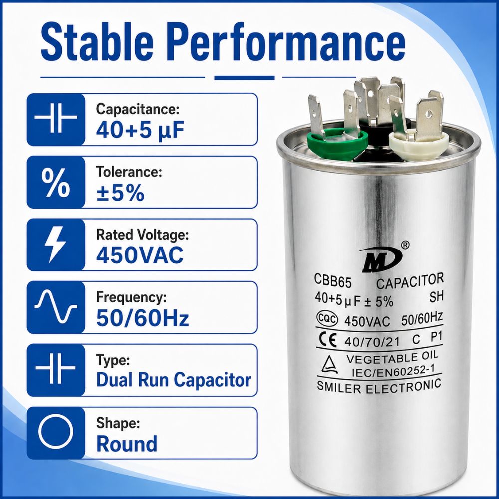 XPDC40X5-450R HVAC ROUND DUAL RUN CAPACITOR | 40+5 MFD 450 Volts  Parts-O-Matic