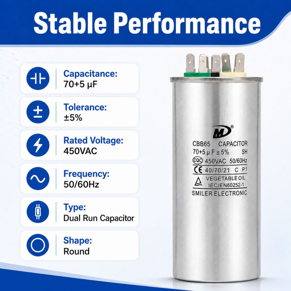 XPDC70X5-450R HVAC ROUND DUAL RUN CAPACITOR | 70+5 MFD 450 Volts  Parts-O-Matic